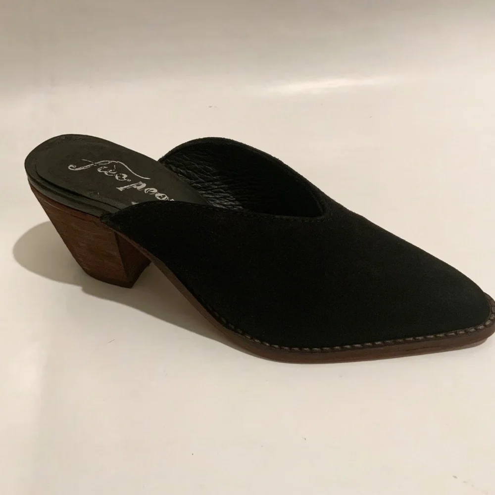 FREE PEOPLE Anya Black Suede Pointed Toe Western Chunky Heel Mules Cowboy Shoes - Picture 6 of 11